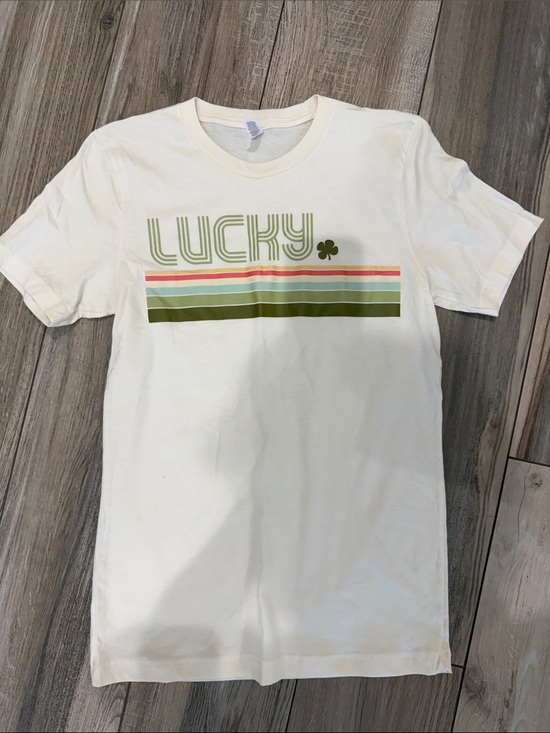 Bella Canvas Tops - Bella Canvas White Tee with Green and Orange Stripe 'LUCKY' Graphic